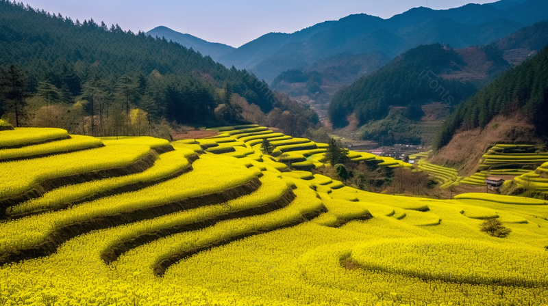 群山环绕下的开满油菜花的山区田园风光,高清,摄影图,摄影图片,图片大全,摄影图免费下载
